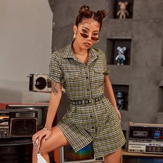 с оборками Клетка Повседневный Платье Shein