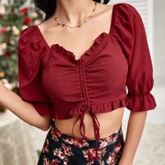 Оборка Одноцветный Бохо Блузы Shein
