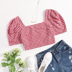 Топ с пышным рукавом в клетку Shein