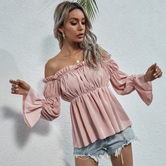 с оборками Одноцветный Бохо Блузы Shein
