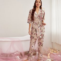 с поясом Цветочный принт Элегантный Комплект пижамы Shein