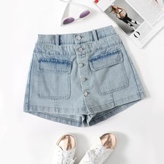 Карман Одноцветный Джинсовые шорты Shein