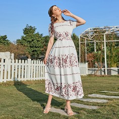 Платье с пышным рукавом и цветочным принтом без пояса Shein