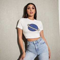 Короткая футболка с принтом планеты Shein