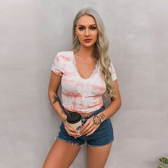 Контрастные кружева тай дай Повседневный Футболки Shein