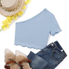 Волнистый край Одноцветный Повседневный Футболки Shein