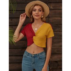 Асимметричный Контрастный цвет Элегантный Футболки Shein