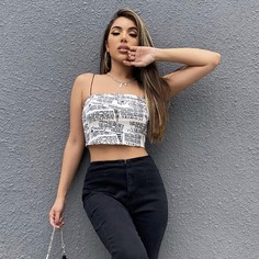 Топ на бретелях с принтом газеты Shein