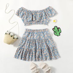 Юбка и короткий топ с открытыми плечами, цветочным принтом для девочек Shein