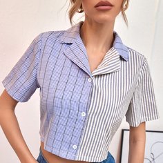 Контрастная блузка в клетку и полоску Shein