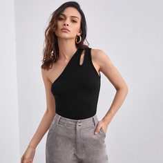 Однотонный вязаный топ на одно плечо Shein