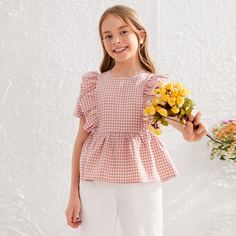 Топ в клетку с оборками для девочек Shein
