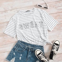 Футболка в полоску с текстовым принтом Shein