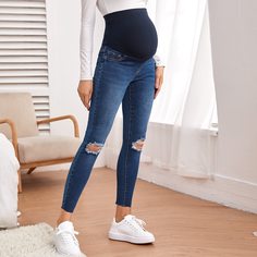 Рваные короткие джинсы скинни для беременных Shein
