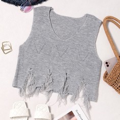 Рваный свитер-жилет с v-образным воротником Shein