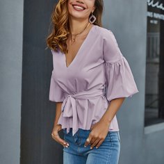 Топ с поясом и рукавами фонариками Shein