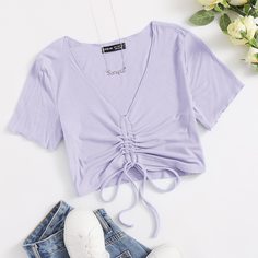 на кулиске Одноцветный Повседневный Футболки Shein