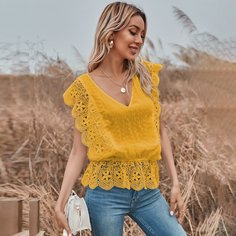 С оборками Одноцветный Бохо Блузы Shein