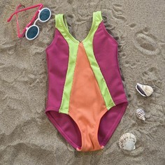 Контрастный слитный купальник в рубчик для девочек Shein