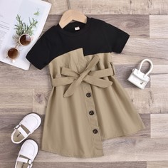 с поясом Контрастный цвет Повседневный Платья для девочек Shein