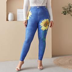 Брюки с принтом подсолнечника размера плюс Shein