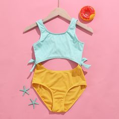 Слитный двухцветный купальник в рубчик для девочек Shein