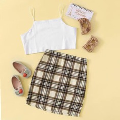 Короткая майка и юбка в клетку для девочек Shein