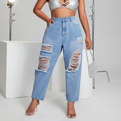 Рваные прямые джинсы размера плюс Shein