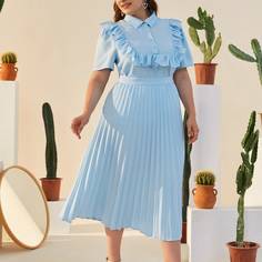 Однотонная блуза и юбка со складками размера плюс Shein