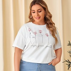 Футболка размера плюс с открытыми плечами и оригинальным рисунком Shein