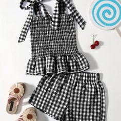 Топ на бретелях в клетку и шорты для девочек Shein