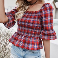 с оборками в клетку Бохо Блузы Shein