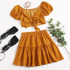 Юбка и топ в горошек с узлом Shein