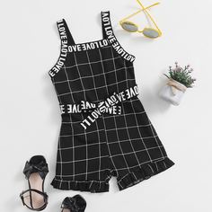 Комбинезон на бретельках в клетку с поясом для девочек Shein