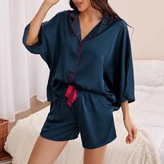 Атласная пижама с узлом и контрастной отделкой Shein