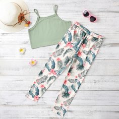 Однотонная майка и леггинсы с принтом растений для девочек Shein