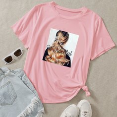 буква Повседневный Футболка размера плюс Shein