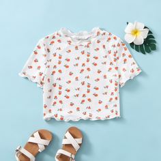 Волнистый край Цветочный Повседневный Футболки для девочек Shein