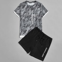 Мужские шорты и топ с камуфляжным, текстовым принтом Shein