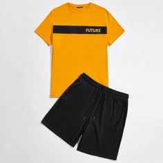 Мужская футболка с текстовым рисунком и шорты на шнуровке Shein