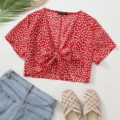 С батом перед цветочный Бохо Женские топы Shein