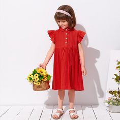 с оборками Одноцветный милый Платья для девочек Shein