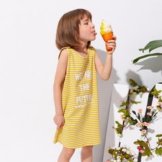 на пуговицах Полосатый Повседневный Платья для девочек Shein