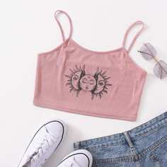 Короткий топ с короткими рукавами и принтом солнца и портрета Shein