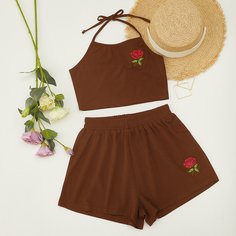 Шорты и топ-халтер с цветочной вышивкой Shein