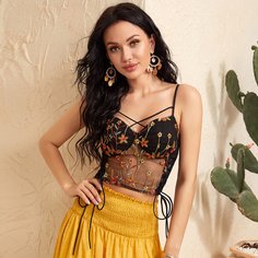 Прозрачный сетчатый топ с вышивкой Shein