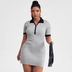 на пуговицах Контрастный цвет Повседневный Свитер-платье размер плюс Shein