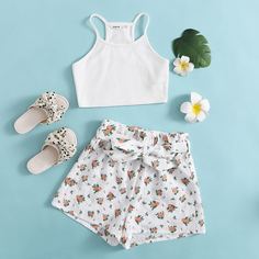 Пояс цветочный Повседневный Комплекты для девочек Shein