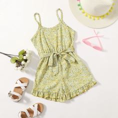 с поясом цветочный Бохо Комбинезоны для девочек Shein