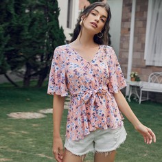 Топ с цветочным принтом и поясом Shein